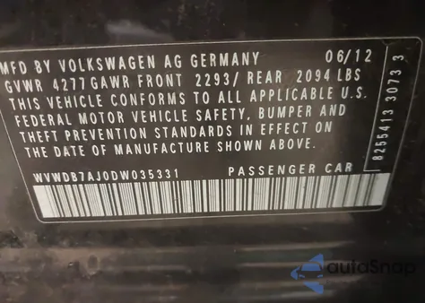 2013 Volkswagen Golf 2.5L 4-Door from USA, damaged, VIN WVWDB7AJ0DW035331